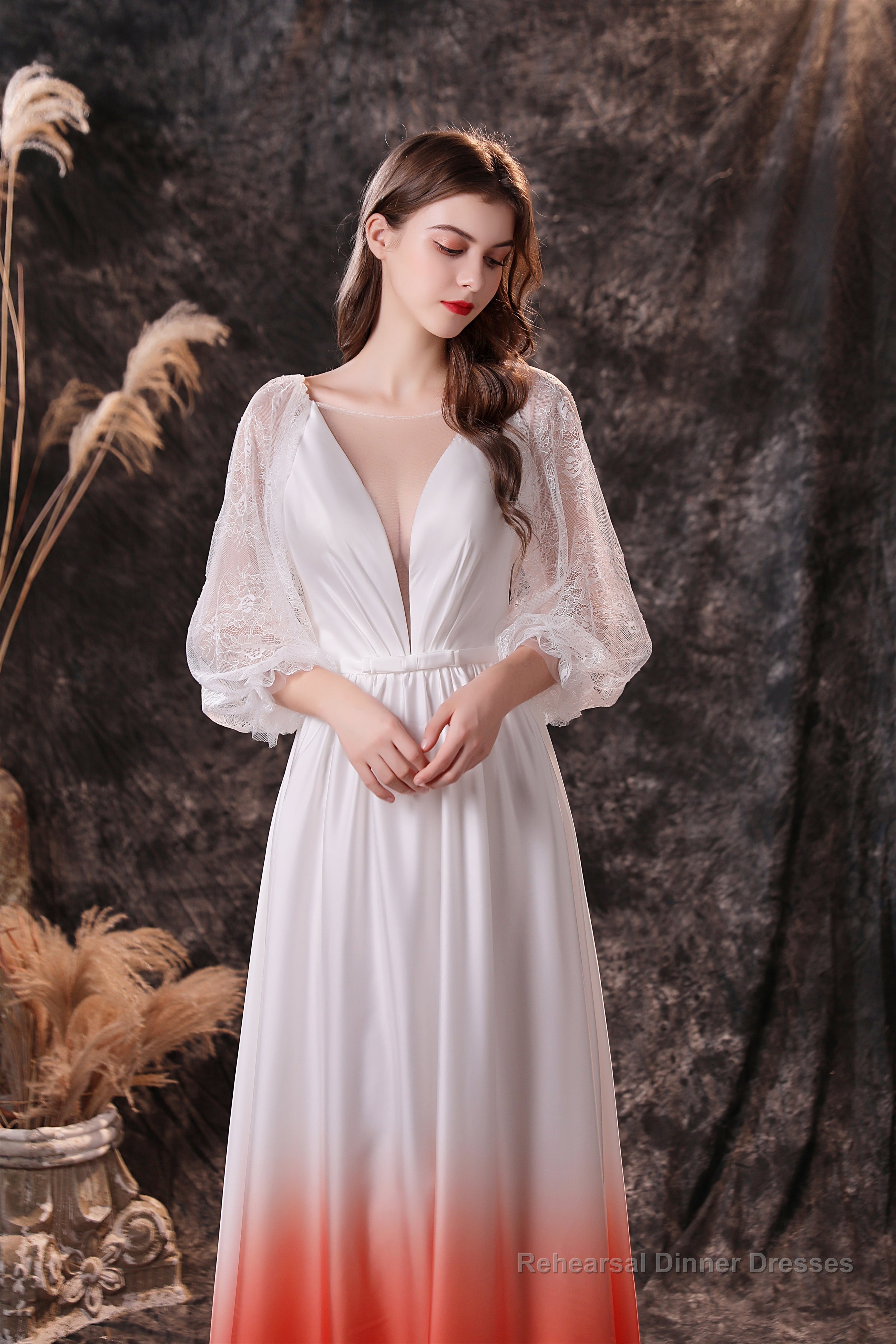 A Line Deep V-Neck Long Sleeve Ombre Silk Like Floor Length Prom Dresses Secondary image