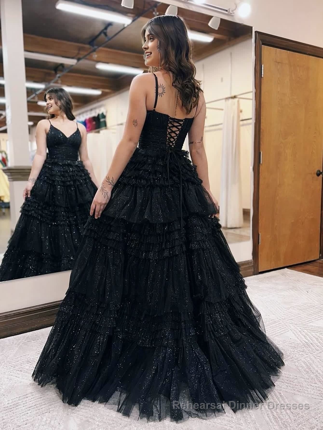 A-Line Deep V Neck Tiered Long Glitter Tulle Prom Dress Secondary image