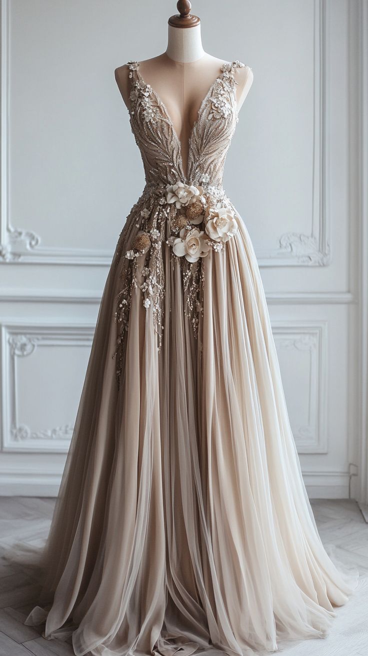 A-Line Deep V Neck Tulle Applique Long Classy Evening Gown Bridesmaid Dress