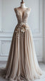 A-Line Deep V Neck Tulle Applique Long Classy Evening Gown Bridesmaid Dress