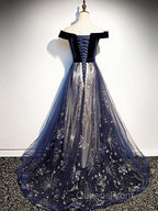 A-Line Elegant Floral Evening Prom Formal Evening Dress Off Shoulder Short Sleeve Sweep / Brush Train Tulle With Pleats Pattern / Print