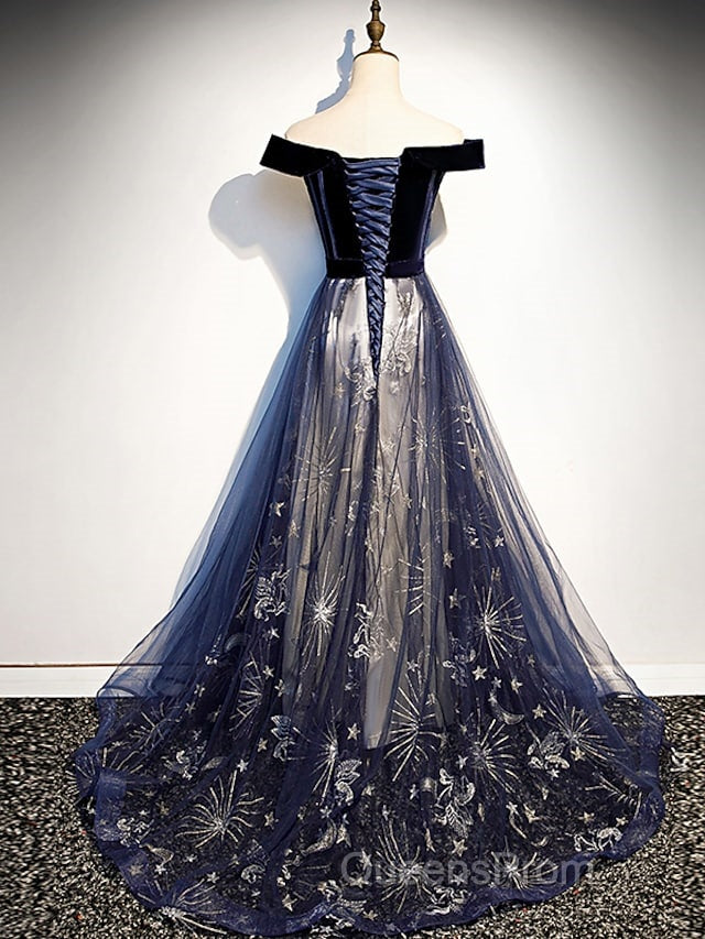 A-Line Elegant Floral Evening Prom Formal Evening Dress Off Shoulder Short Sleeve Sweep / Brush Train Tulle With Pleats Pattern / Print