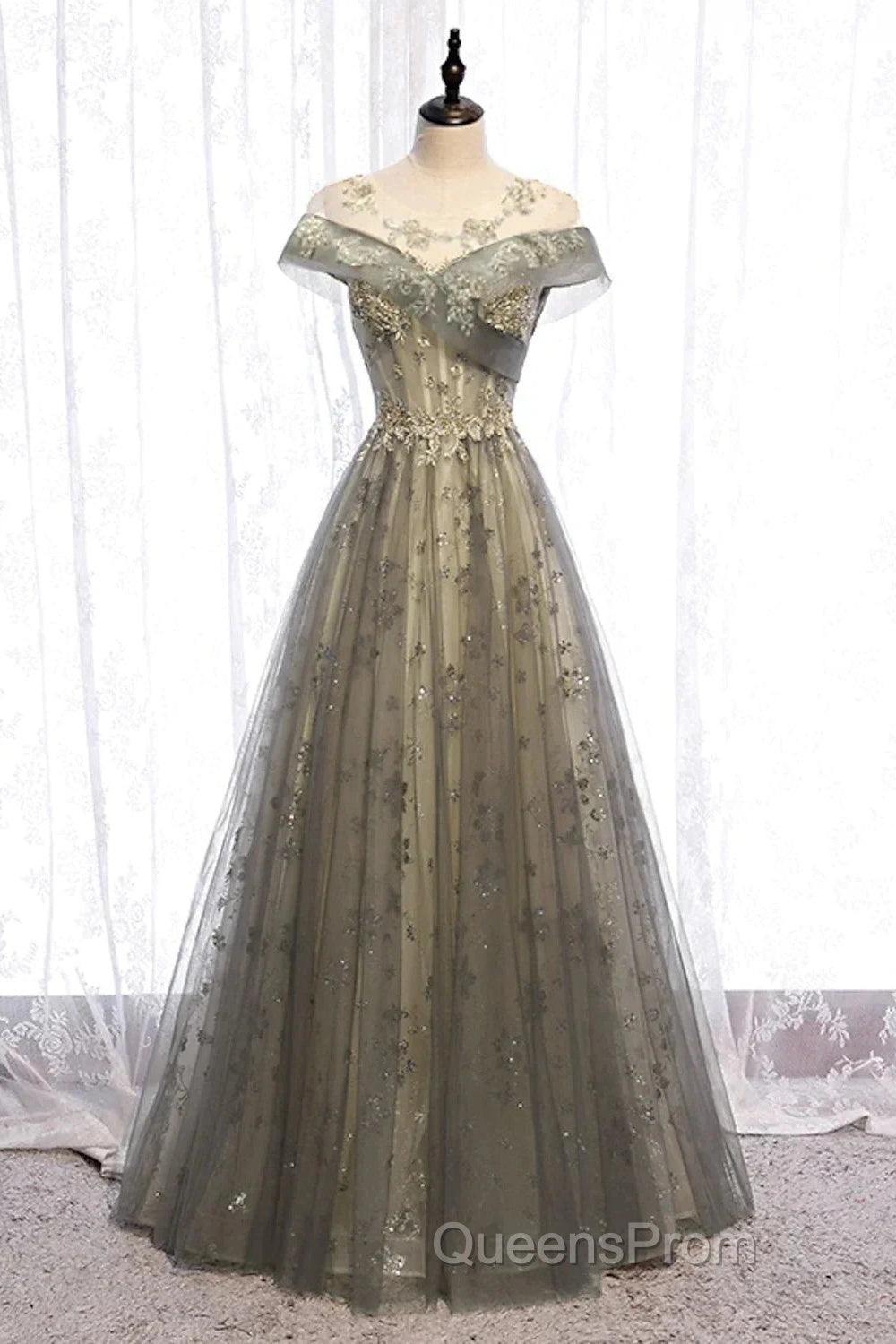 A-Line Evening Gown Elegant Dress Wedding Floor Length Short Sleeve Tulle With Pleats