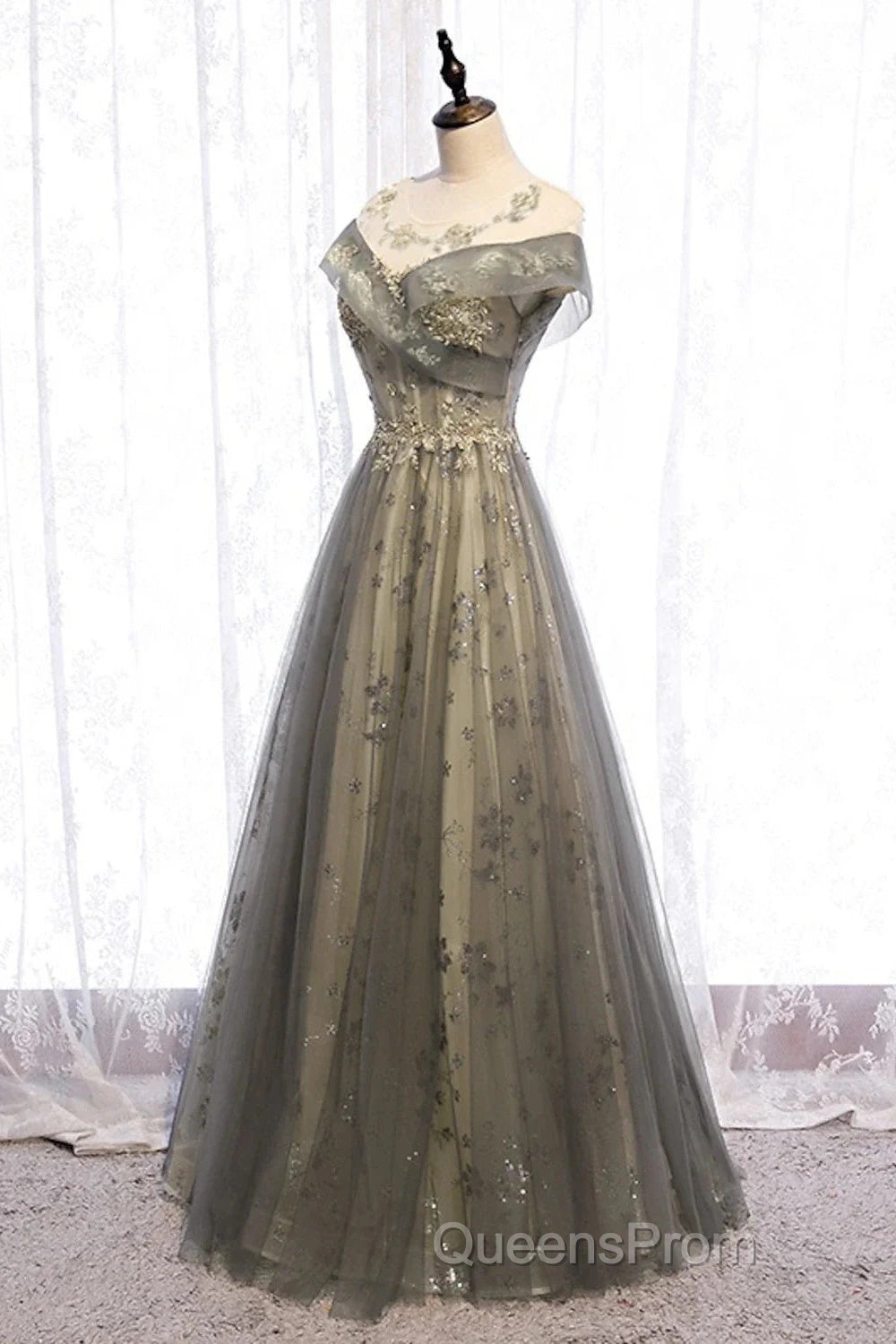 A-Line Evening Gown Elegant Dress Wedding Guest Engagement Floor Length Short Sleeve Illusion Neck Tulle With Pleats
