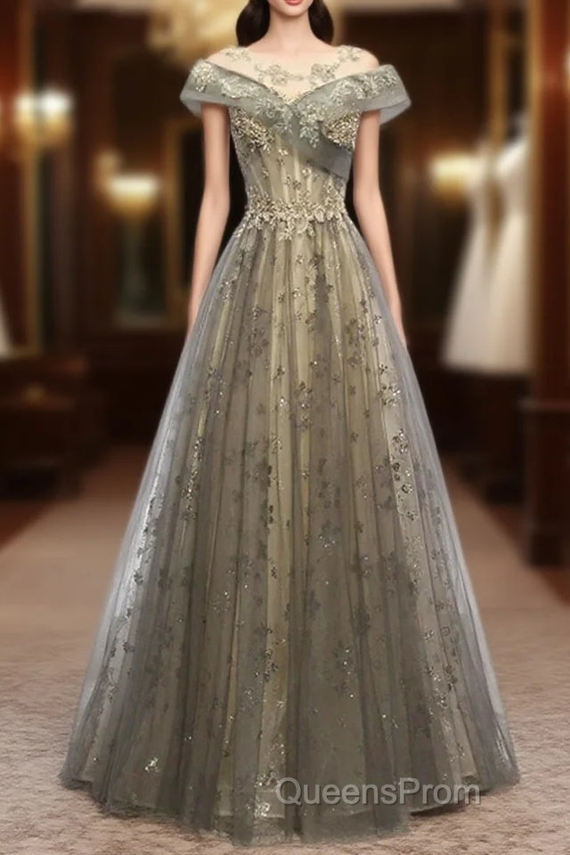 A-Line Evening Gown Elegant Dress Wedding Guest Engagement Floor Length Short Sleeve Illusion Neck Tulle With Pleats Main image