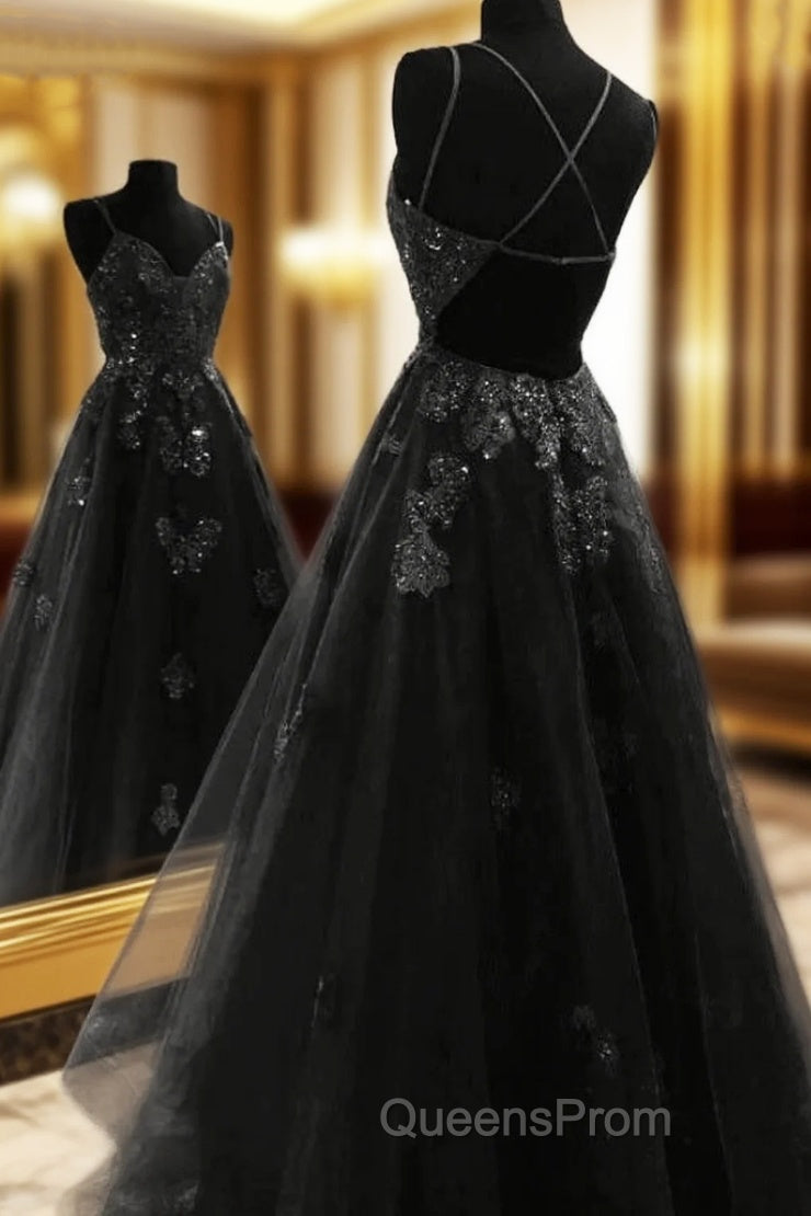 A Line Floor Length Black Tulle Lace Evening Prom Dress Main image