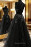 A Line Floor Length Black Tulle Lace Evening Prom Dress