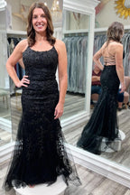 Red Floral Appliques Tulle Mermaid Long Classy Dress