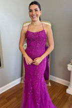 Red Floral Appliques Tulle Mermaid Long Classy Dress