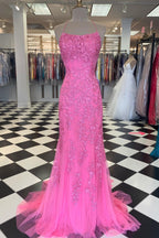 Red Floral Appliques Tulle Mermaid Long Classy Dress