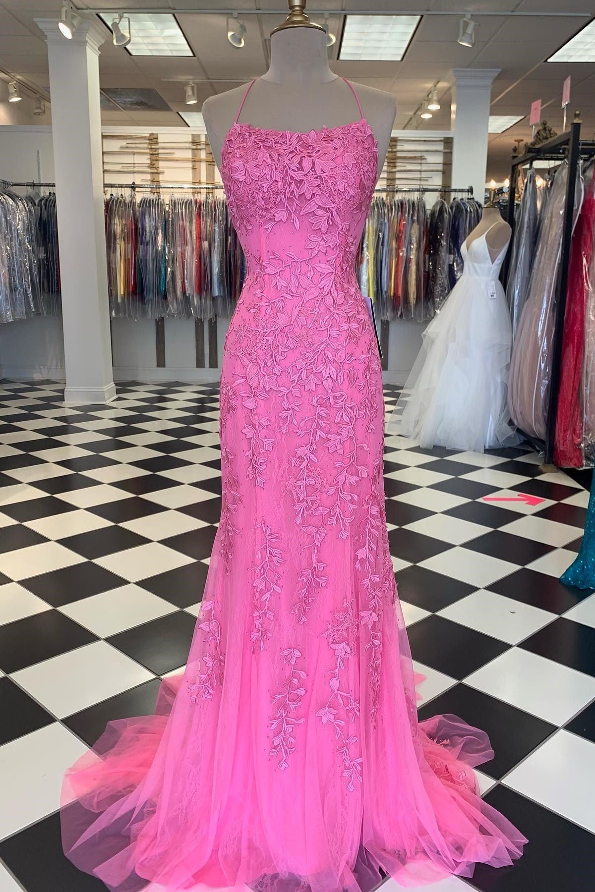 Red Floral Appliques Tulle Mermaid Long Classy Dress