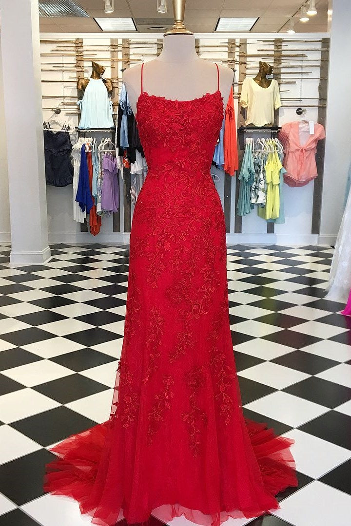 Red Floral Appliques Tulle Mermaid Long Classy Dress Main image