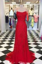 Red Floral Appliques Tulle Mermaid Long Classy Dress