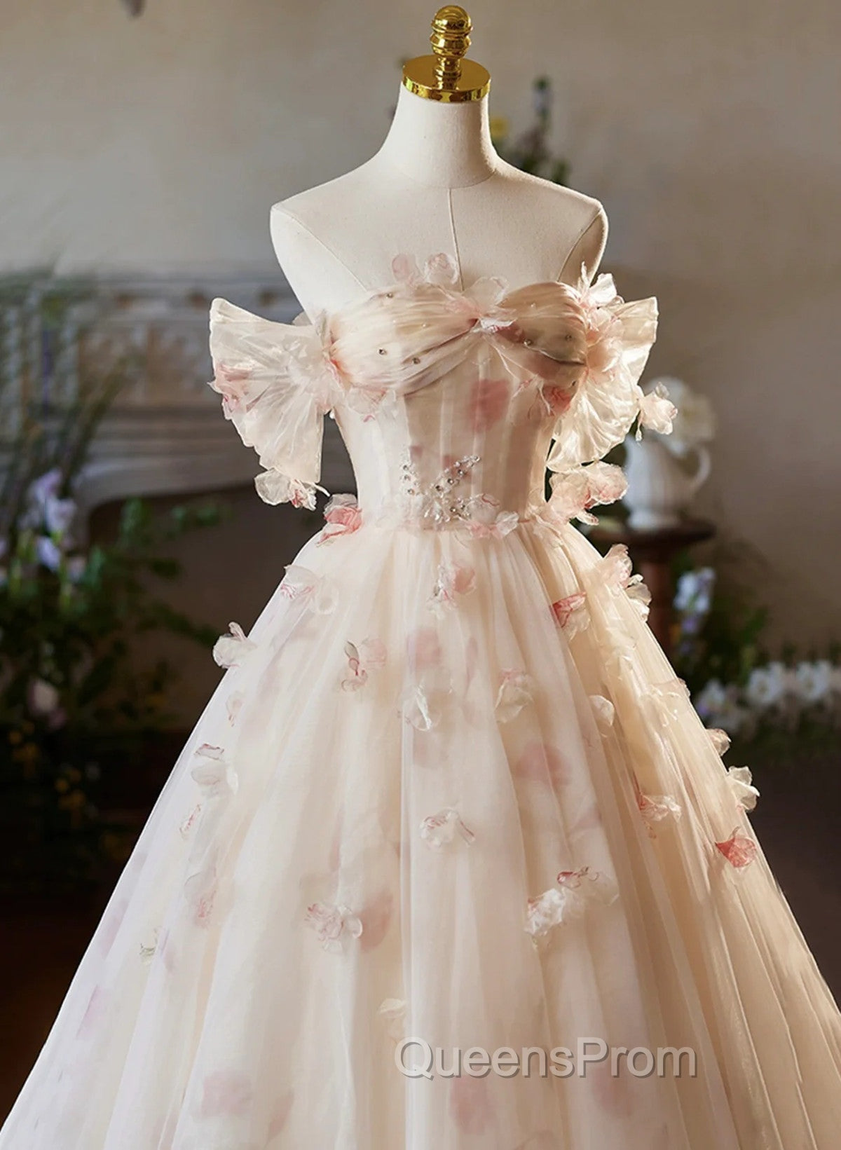 A-line Floral  Champagne Tulle Long Evening Prom Dress, Elegant A-Line Evening Dress Secondary image