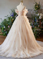 A-line Floral  Champagne Tulle Long Evening Prom Dress, Elegant A-Line Evening Dress