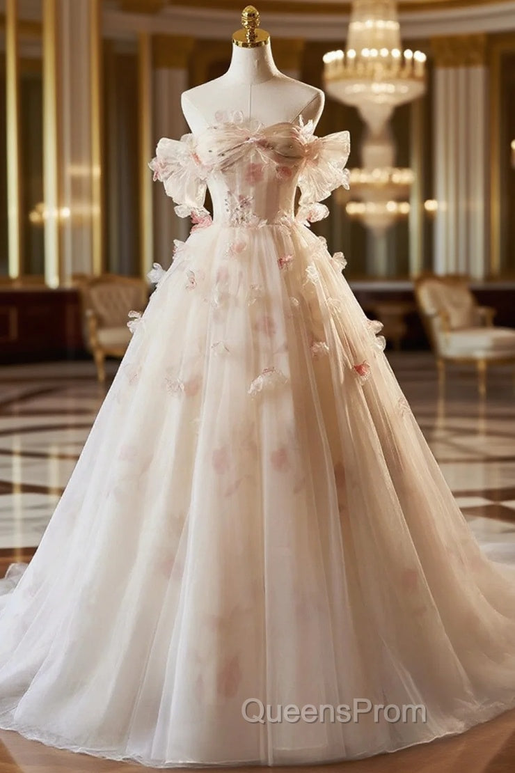 A-line Floral  Champagne Tulle Long Evening Prom Dress, Elegant A-Line Evening Dress Main image