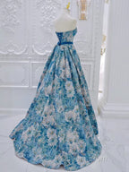 A-Line Flower Satin Blue Long Evening Prom Dress, Blue Long Evening Dress
