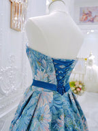 A-Line Flower Satin Blue Long Evening Prom Dress, Blue Long Evening Dress