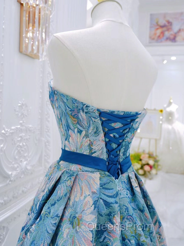 A-Line Flower Satin Blue Long Evening Prom Dress, Blue Long Evening Dress