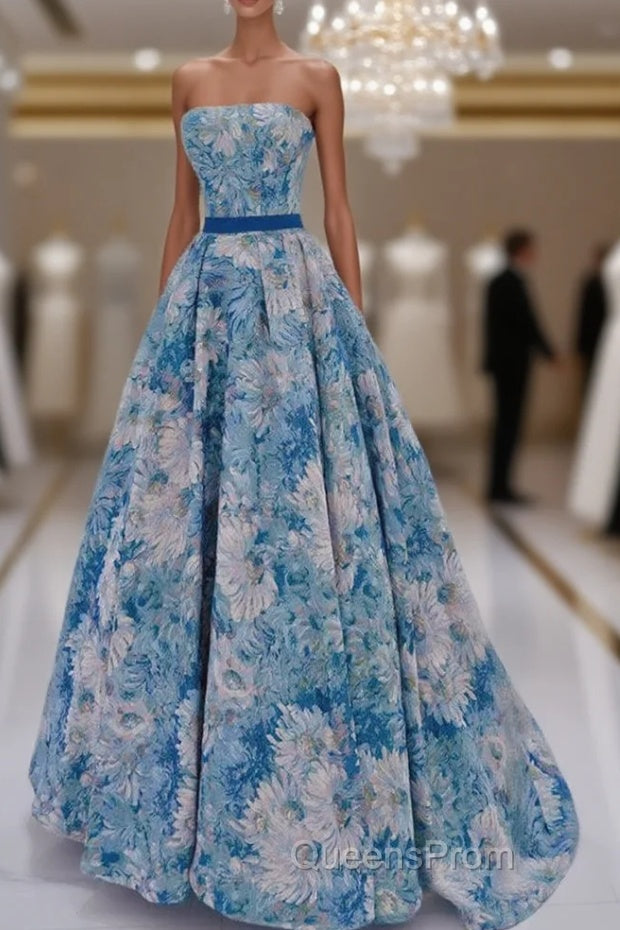 A-Line Flower Satin Blue Long Evening Prom Dress, Blue Long Evening Dress Main image