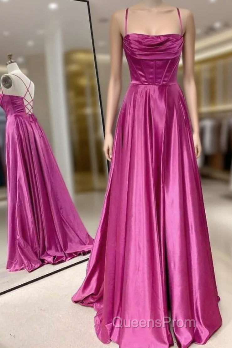 A-Line Fuchsia Evening Prom Dress Ruched Long Evening Dress Spaghetti Straps