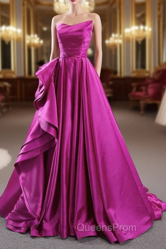 A-line Fuchsia Satin Strapless Pleats Evening Prom Dress Main image