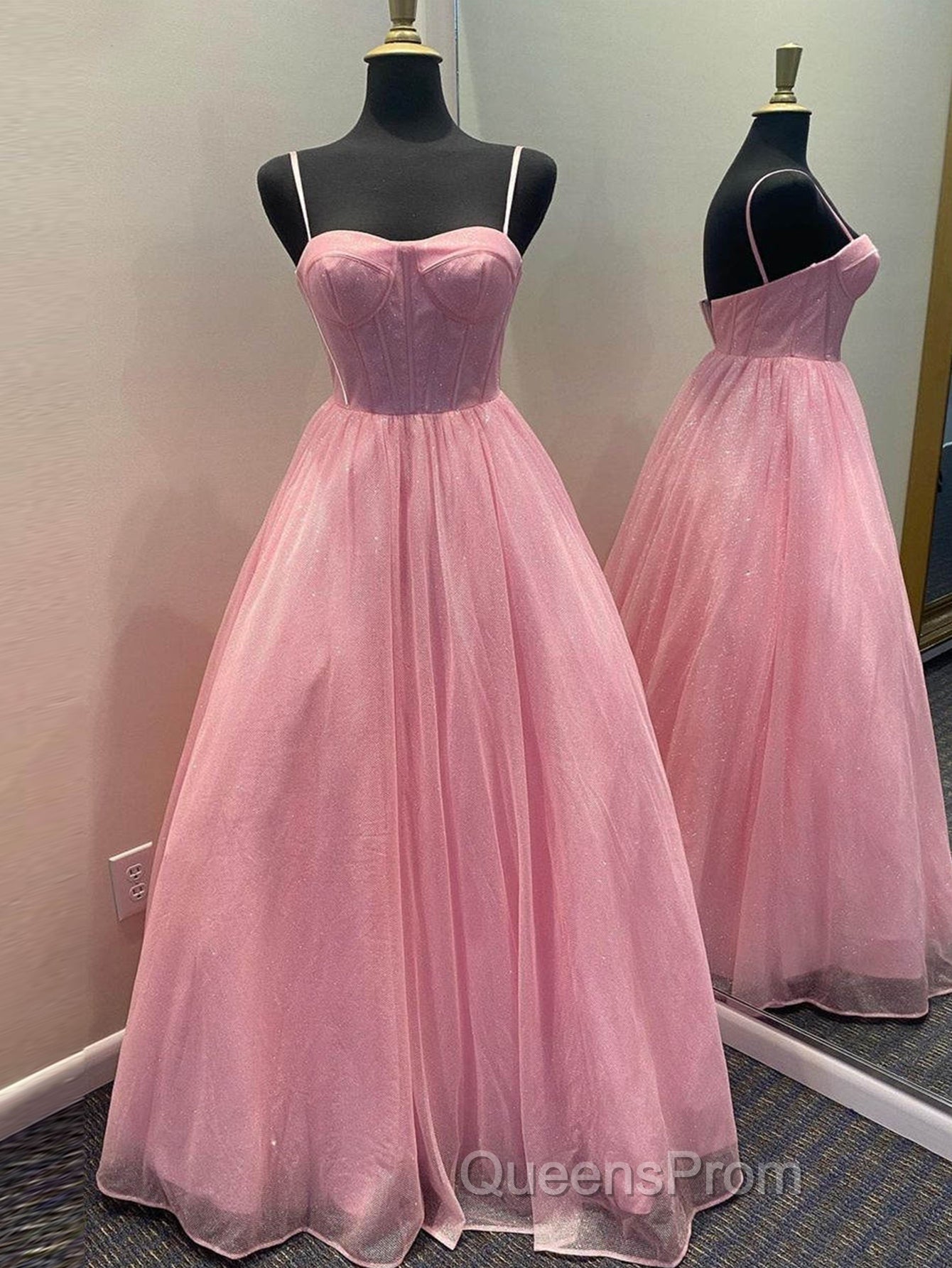 A Line Glitter Tulle Evening Prom Dress with Pockets
