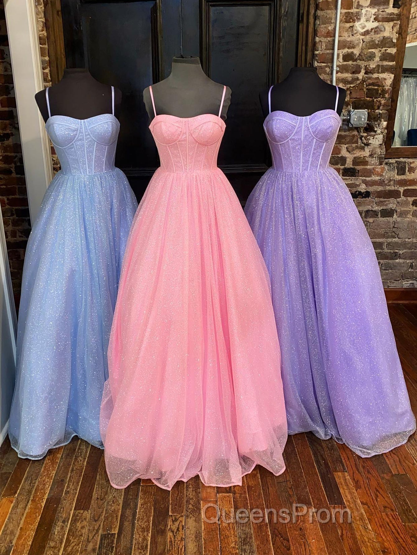 A Line Glitter Tulle Evening Prom Dress with Pockets