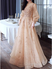 A-Line Glittering Elegant Engagement Formal Evening Dress High Neck Long Sleeve Floor Length Tulle With Sequin