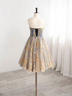 A-Line Gold/Blue Lace  Short Evening Prom Dress, Cute Homecoming Dress with Beading