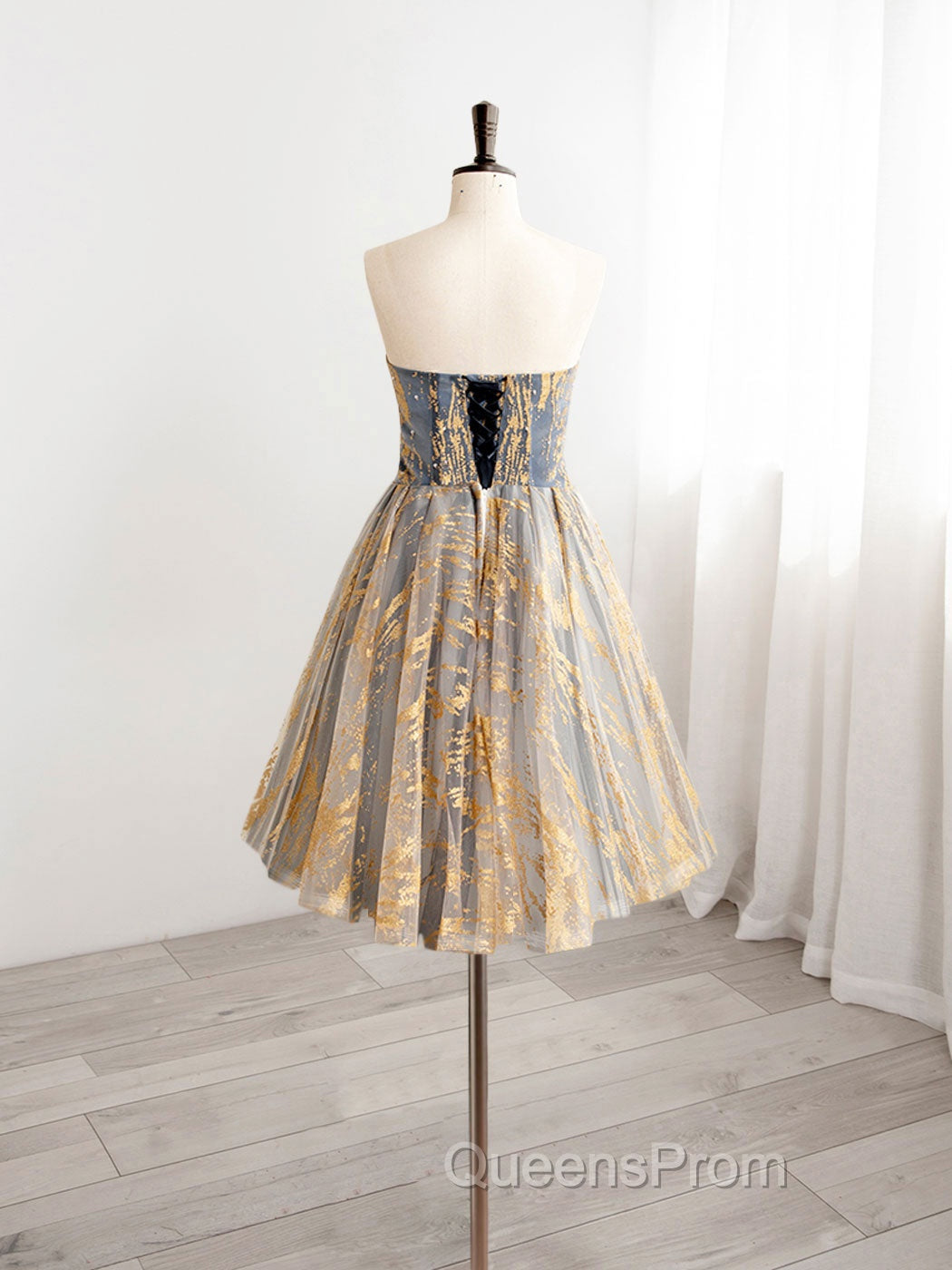 A-Line Gold/Blue Lace  Short Evening Prom Dress, Cute Homecoming Dress with Beading