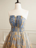 A-Line Gold/Blue Lace  Short Evening Prom Dress, Cute Homecoming Dress with Beading