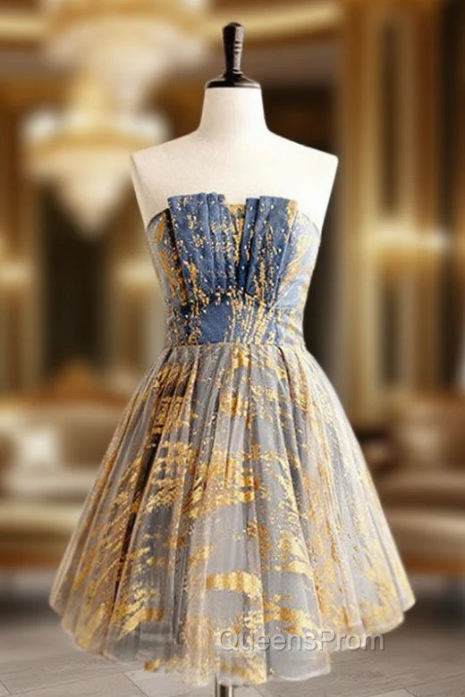 A-Line Gold/Blue Lace  Short Evening Prom Dress, Cute Homecoming Dress with Beading Main image