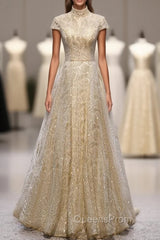 A-Line Gold Sequins High Neck Cap Sleeve Evening Prom Dress