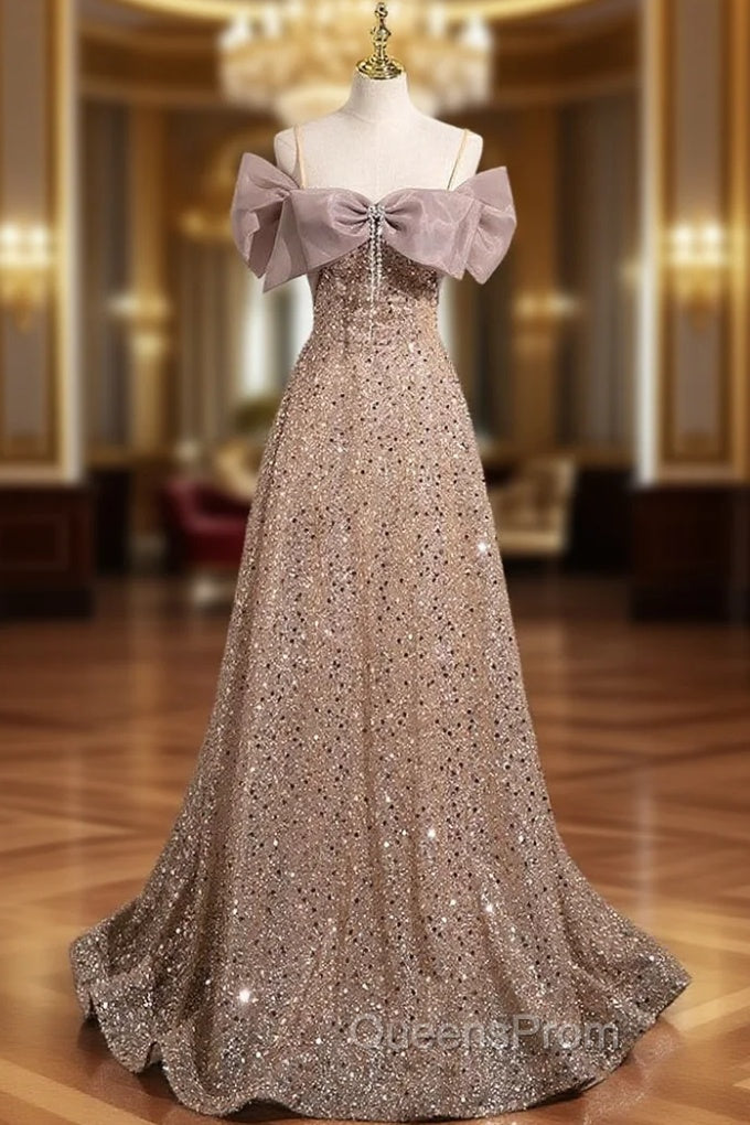A-Line Gold Sequins Spaghetti Straps Bow Evening Prom Dress Main image