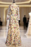 A-Line Gold Tulle Embroidery Long Sleeve Evening Prom Dress
