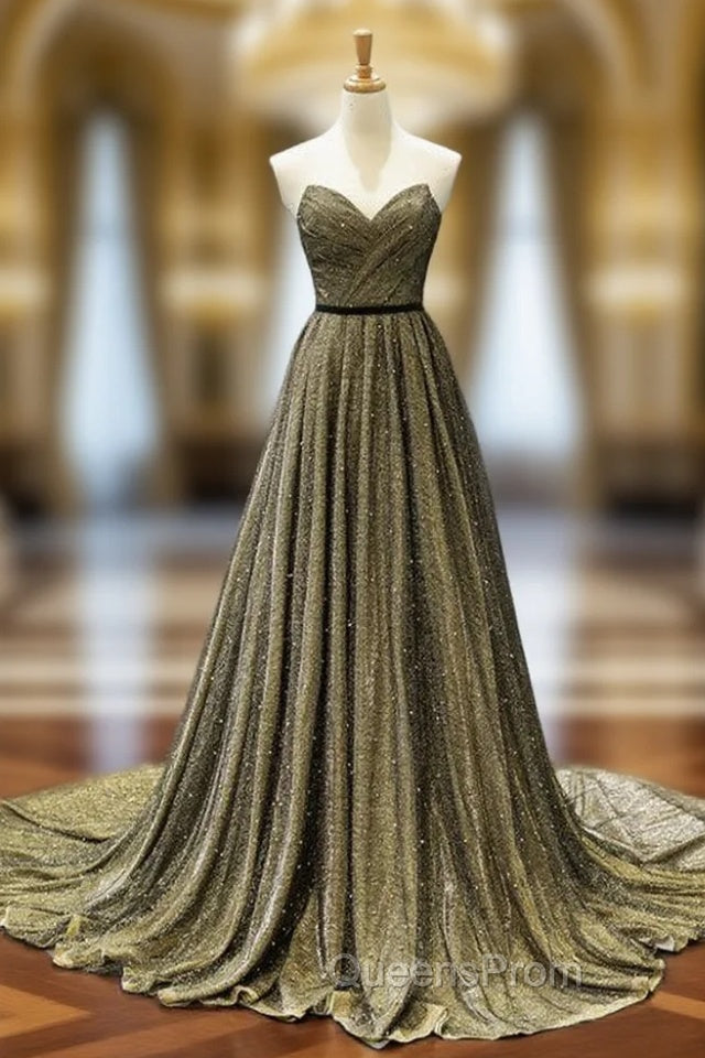 A-Line Gold Tulle Sweetheart Pleats Evening Prom Dress With Pearls