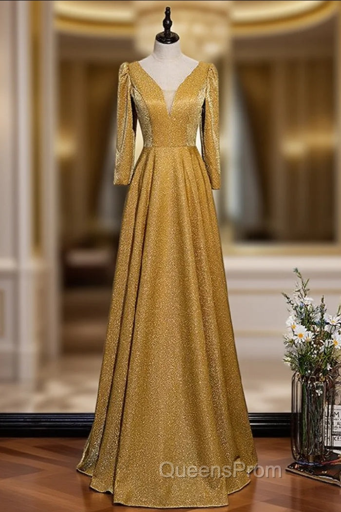 A-Line Gold V-neck Long Sleeve Evening Prom Dress