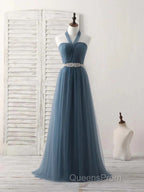 A-Line Gray Blue Tulle Long Bridesmaid Dress Floor-Length Beading Evening Prom Dress Elegant