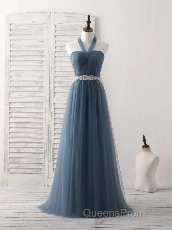 A-Line Gray Blue Tulle Long Bridesmaid Dress Floor-Length Beading Evening Prom Dress Elegant