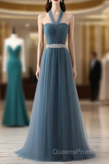 A-Line Gray Blue Tulle Long Bridesmaid Dress Floor-Length Beading Evening Prom Dress Elegant