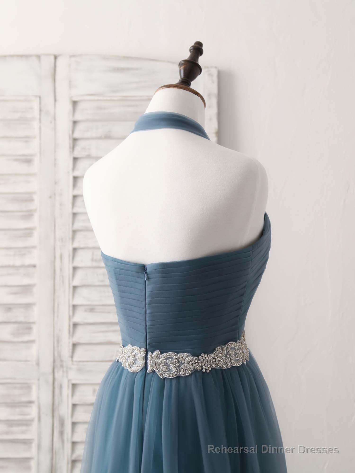 A-Line Gray Blue Tulle Long Bridesmaid Dress Gray Blue Prom Dress