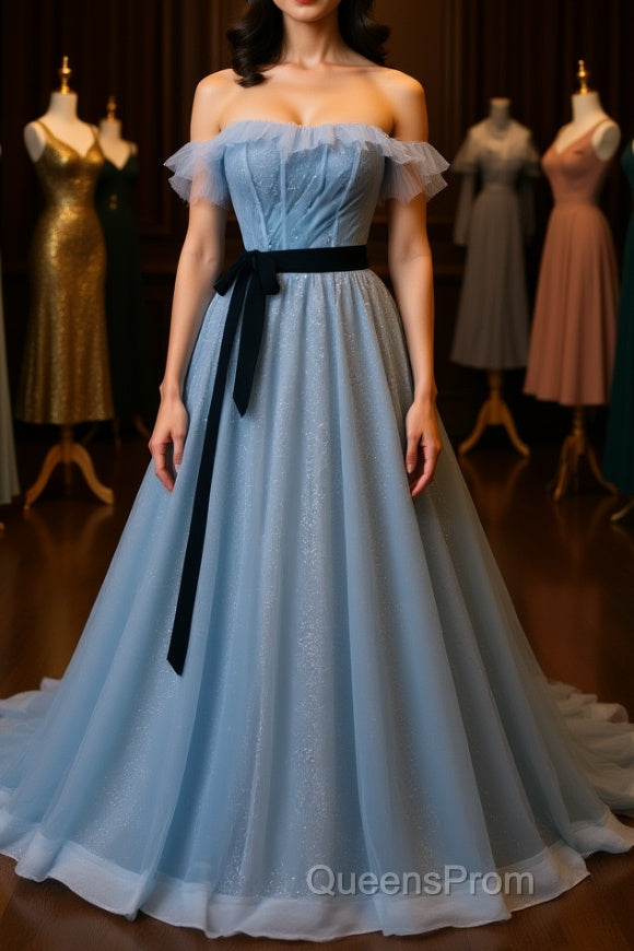 A-Line Gray Blue Tulle Long Evening Prom Dress, Gray Blue Long Formal Dress Main image