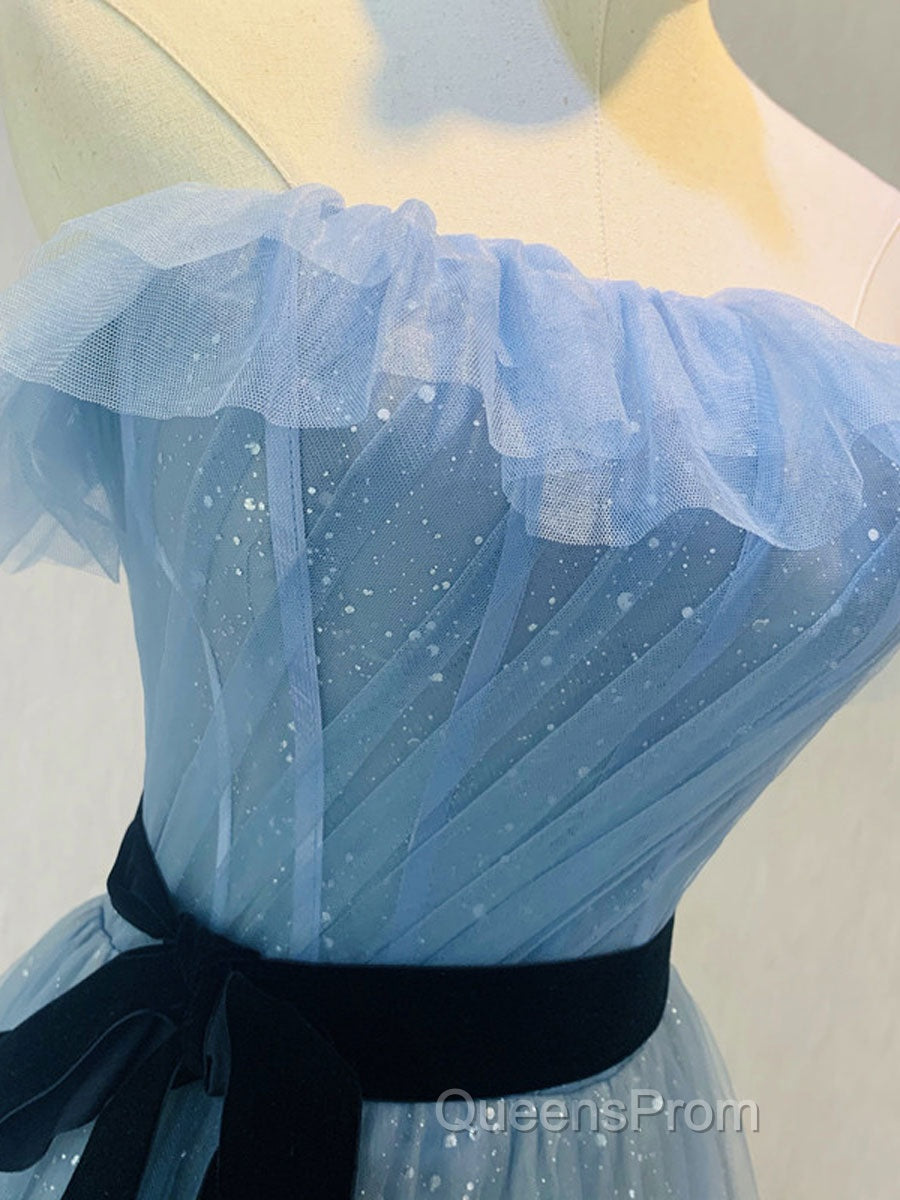 A-Line Gray Blue Tulle Long Evening Prom Dress, Gray Blue Long Formal Dress