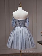 A-Line Gray Blue Tulle Short Evening Prom Dress. Cute Gray Blue Homecoming Dress