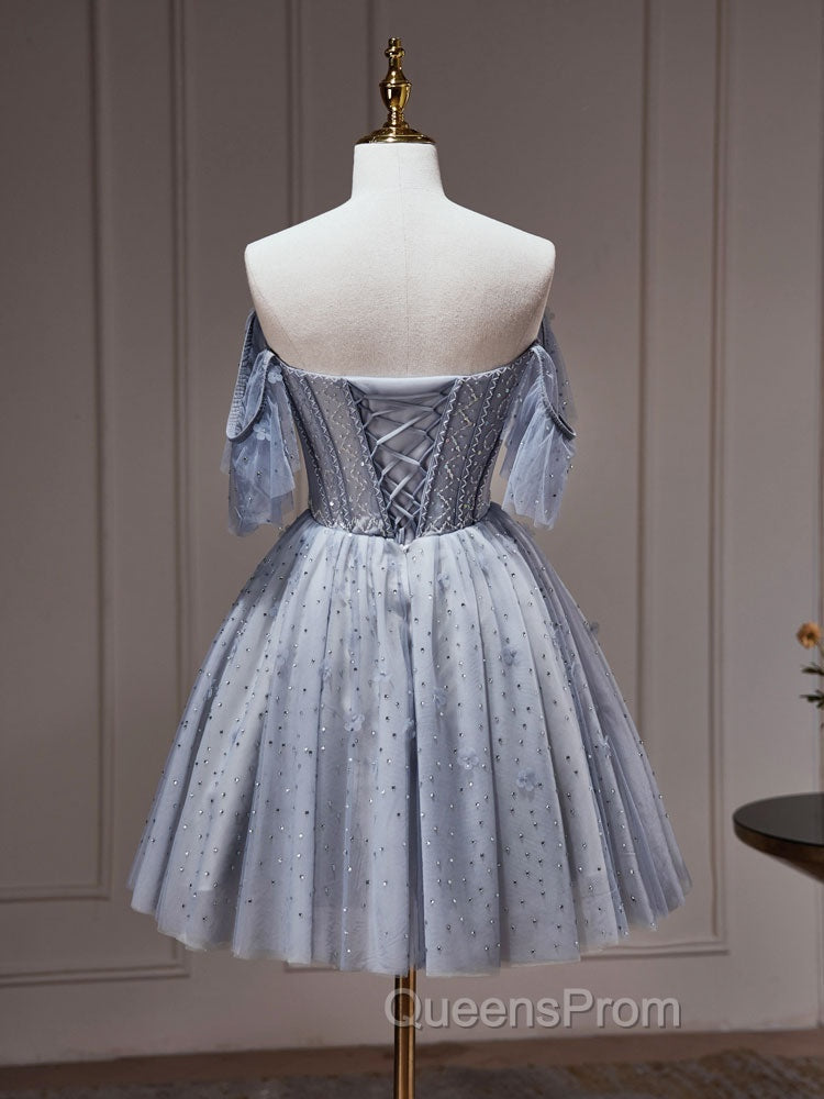 A-Line Gray Blue Tulle Short Evening Prom Dress. Cute Gray Blue Homecoming Dress