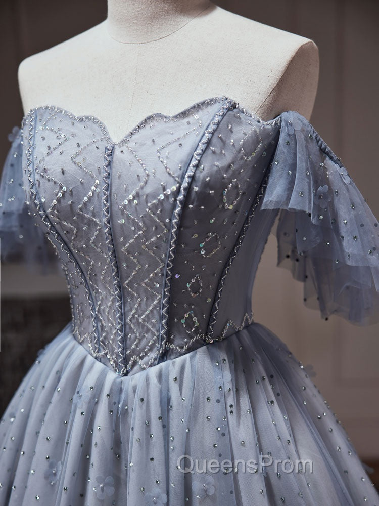 A-Line Gray Blue Tulle Short Evening Prom Dress. Cute Gray Blue Homecoming Dress