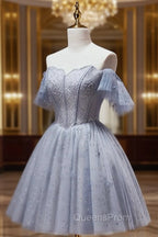 A-Line Gray Blue Tulle Short Evening Prom Dress. Cute Gray Blue Homecoming Dress