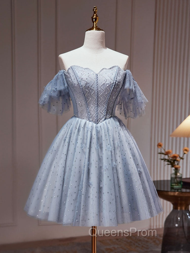A-Line Gray Blue Tulle Short Evening Prom Dress. Cute Gray Blue Homecoming Dress