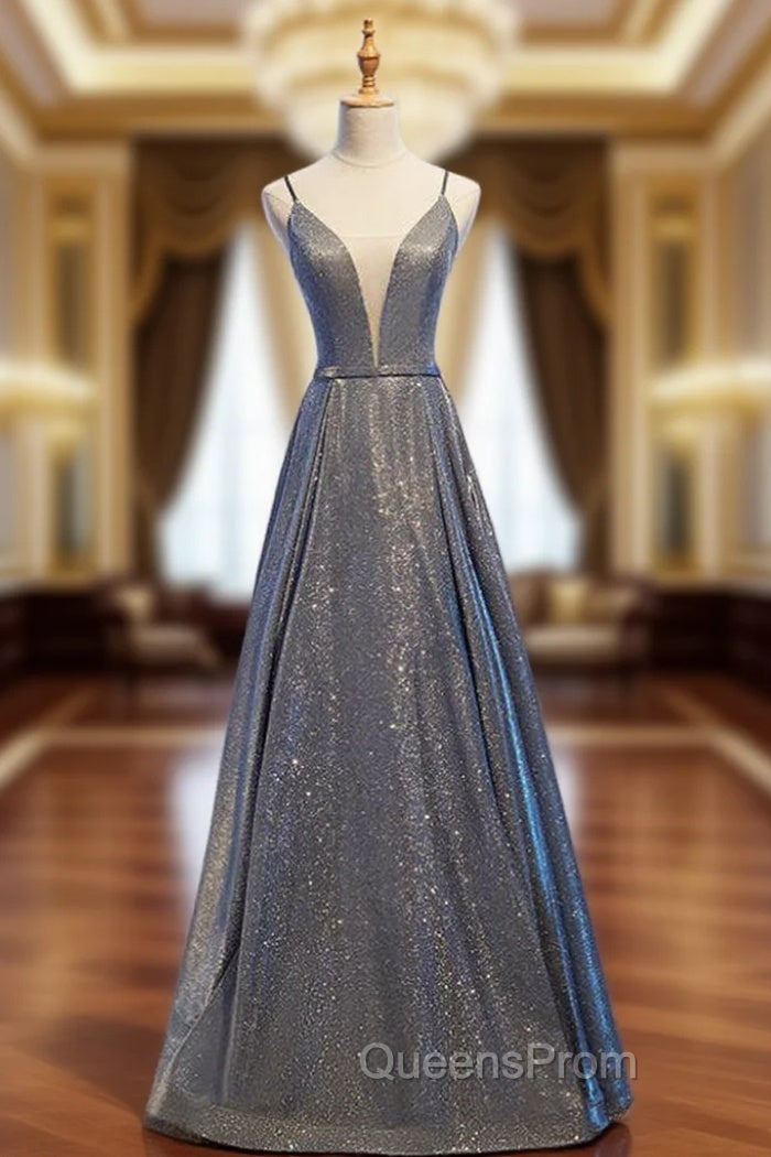 A-Line Gray Deep V-neck Sleeveless Long Evening Prom Dress